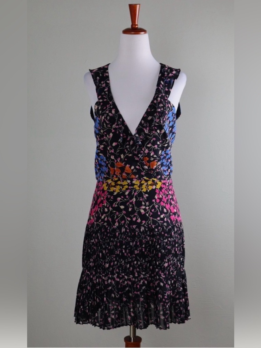 SALONI Black Floral V-Neck Mini Dress with Blue, Pink & Yellow Accents